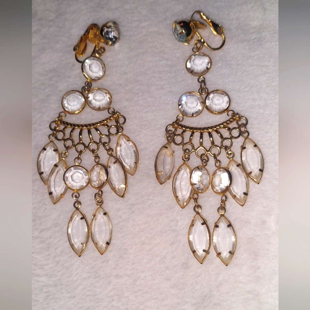 Vintage Gold and Clear Crystal Chandelier Clip Earrings. Estate Sale Piece